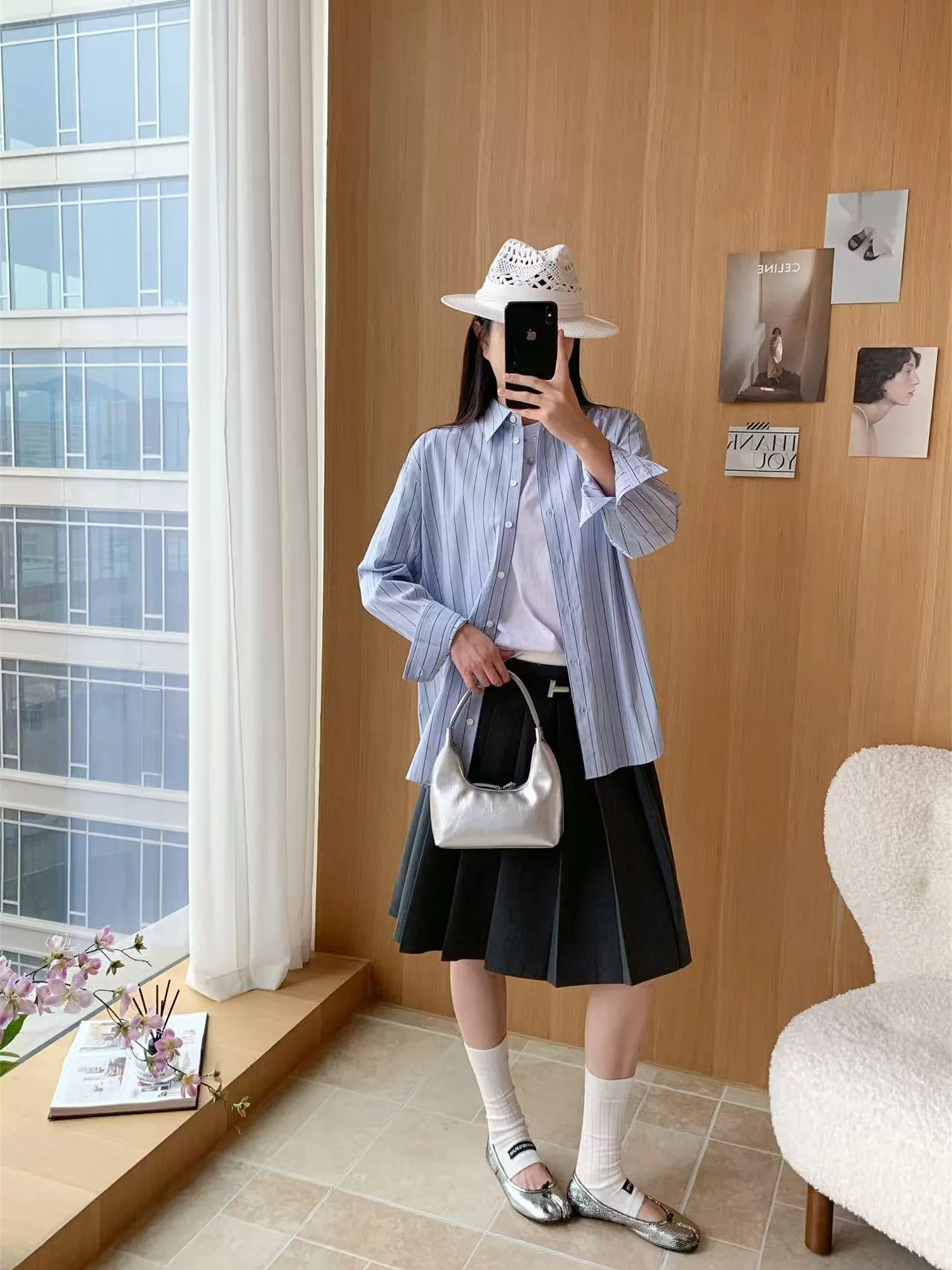 

Blue Striped irt Sle Texook Flipped mat Nordic Blue Stripe Iron on irt Women's Casual Loose Fit Cotton