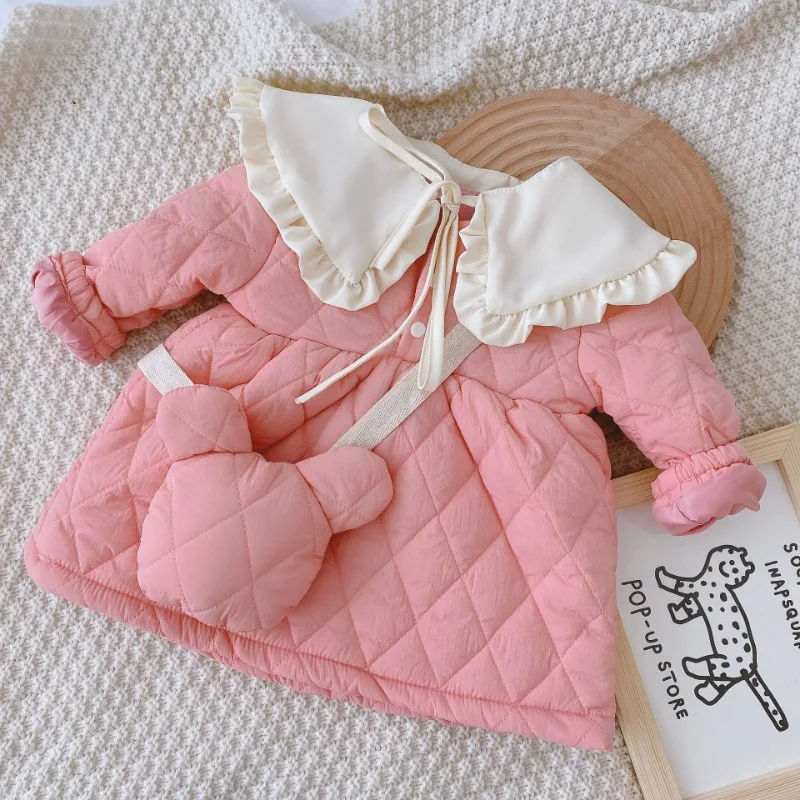 Autumn Winter Kids Cotton Dress for Girls with Messenger Bag Fashion Long Sleeve Warm Cotton Clothes Sweet Pink Baby Clothing