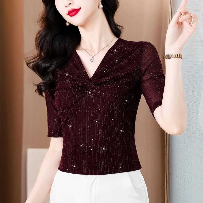 Korean Fashion Women T Shirt V-neck Shiny Pleated Mesh Tops Bright Silk Short Sleeve Casual Shirt