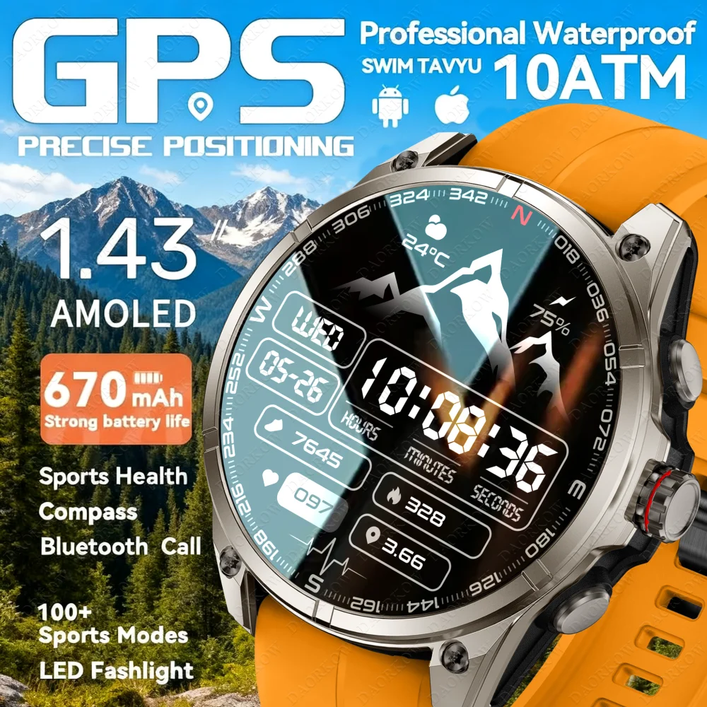 

DAORKOW 2025 latest outdoor sports smart watch GPS Tracker 10ATM flashlight 1.43" HD display Bluetooth call men's fitness watch