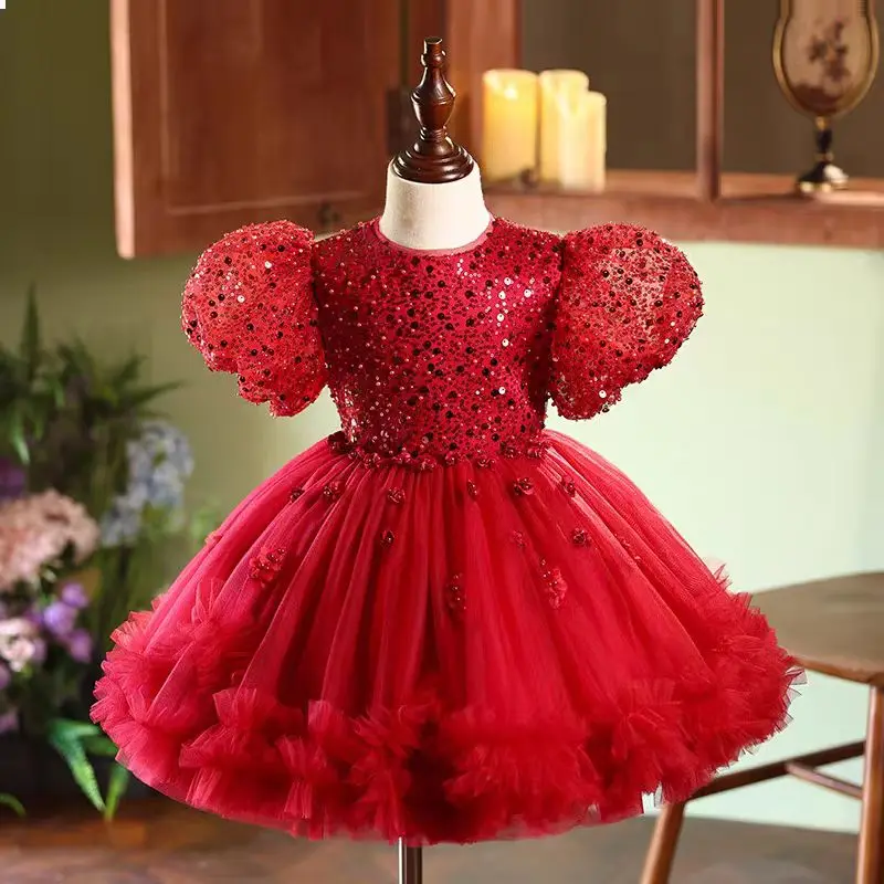 Dreamy Vow Gorgeous Burgundy Girl Dress Short Sleeve Tulle Sequined Embroidered for 1st Toddler Party Knee Length Ball Gown J358