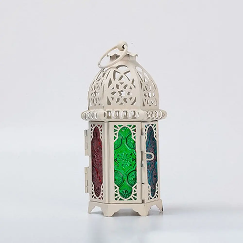 Home Decoration Moroccan Candlestick Metal Transparent Glass Candle Holder Desktop Ornament Hollow Pattern Candle Lantern