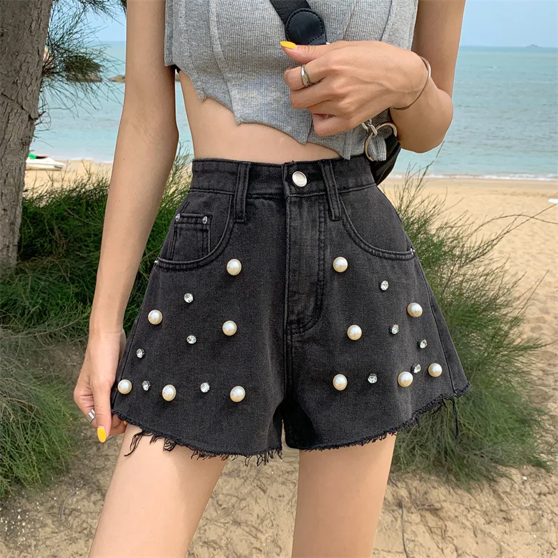 Fashion Wide Leg Pants Women Summer Korean Version of High Waist Slimming Casual Beaded Pants Denim Shorts Vintage Streetwear