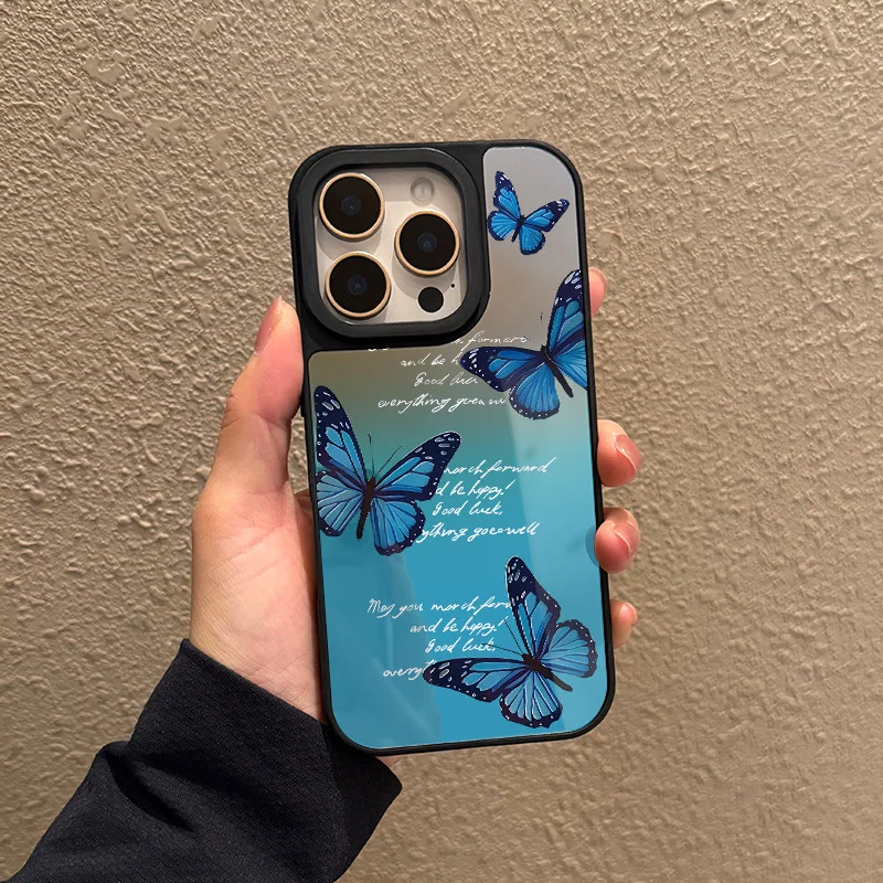 เคสกระจกคุณภาพสูงสำหรับ iPhone 11 12 13 14 15 16 17Pro Max Plus Series ลายผีเสื้อไล่สีน้ำเงิน เคสโทรศัพท์แบบกระจก