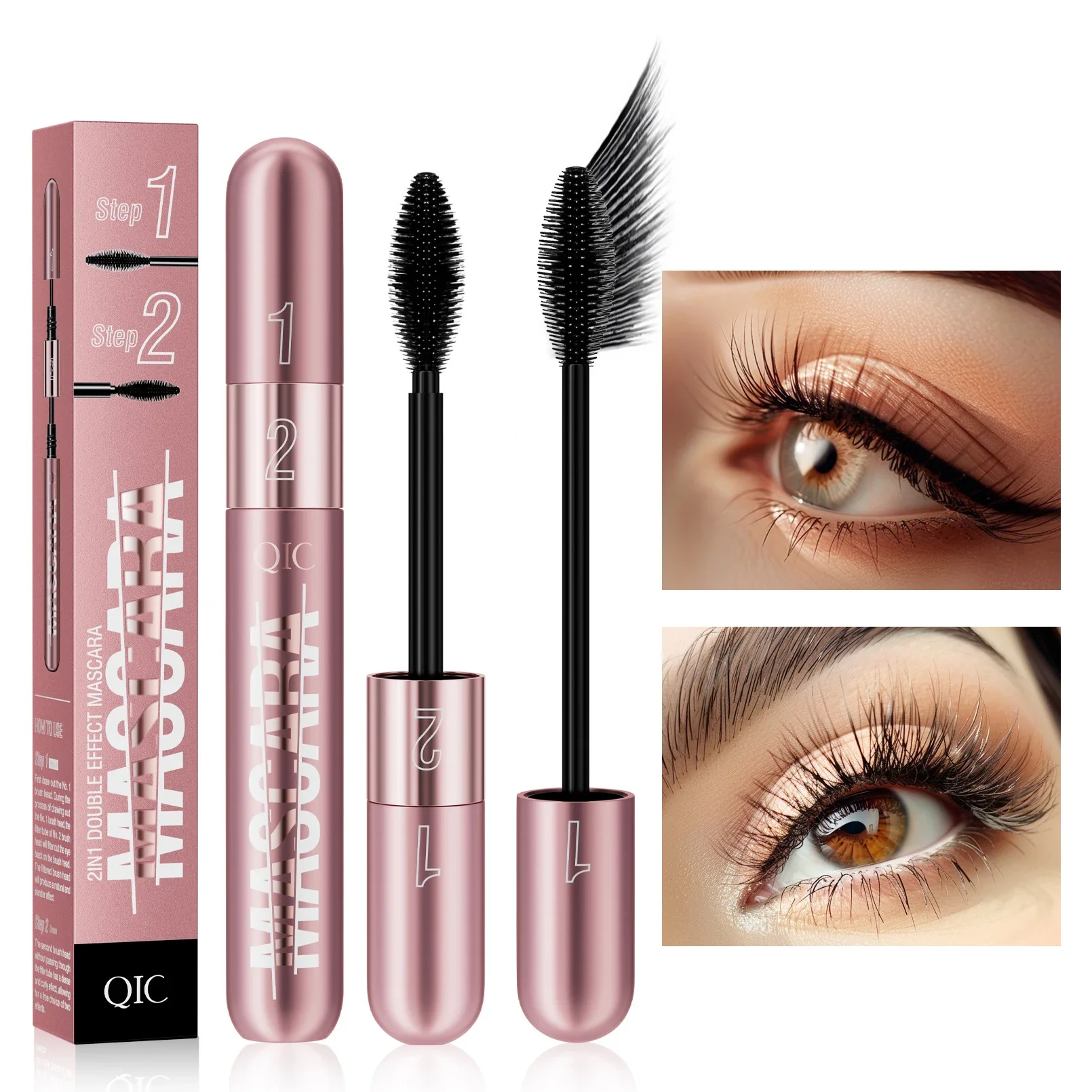 Mascara Dual Effect Elongation Dense and Slender Volume Long Lasting Waterproof No Stain Natural Quick Drying Lashes Mascara