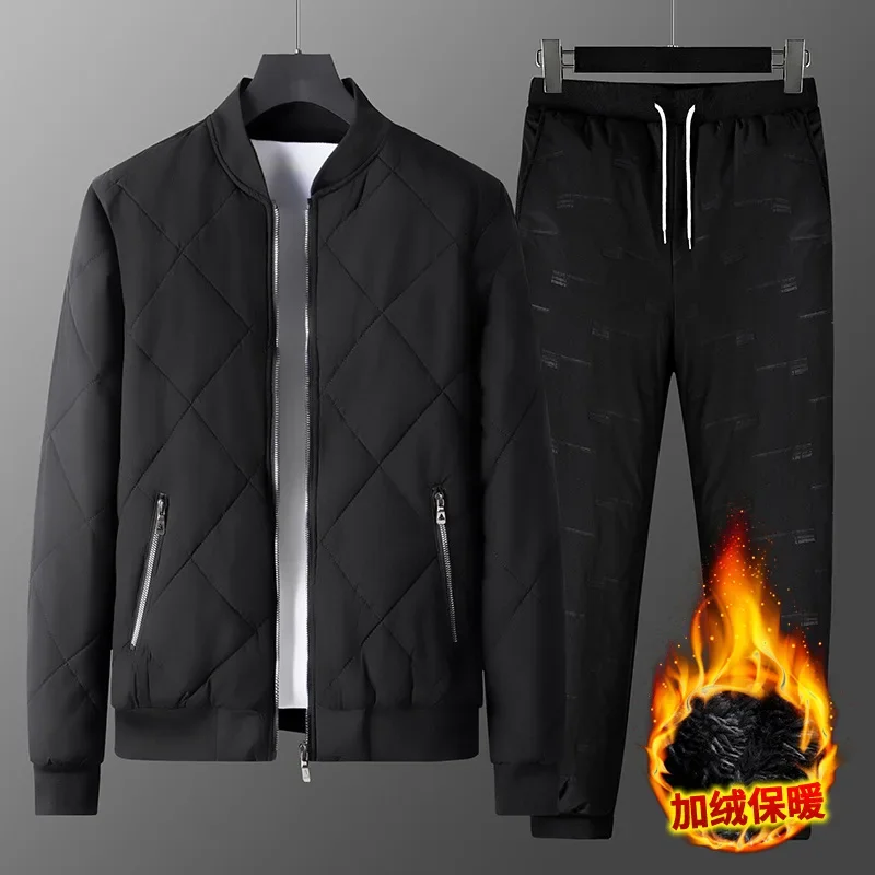 Winter Mens Tracksuit Suits Cotton Sweatshirt+Waterproof Down Jacket+Sweatpants Running Set 2024 Keep Warm Casual Clothes image 3