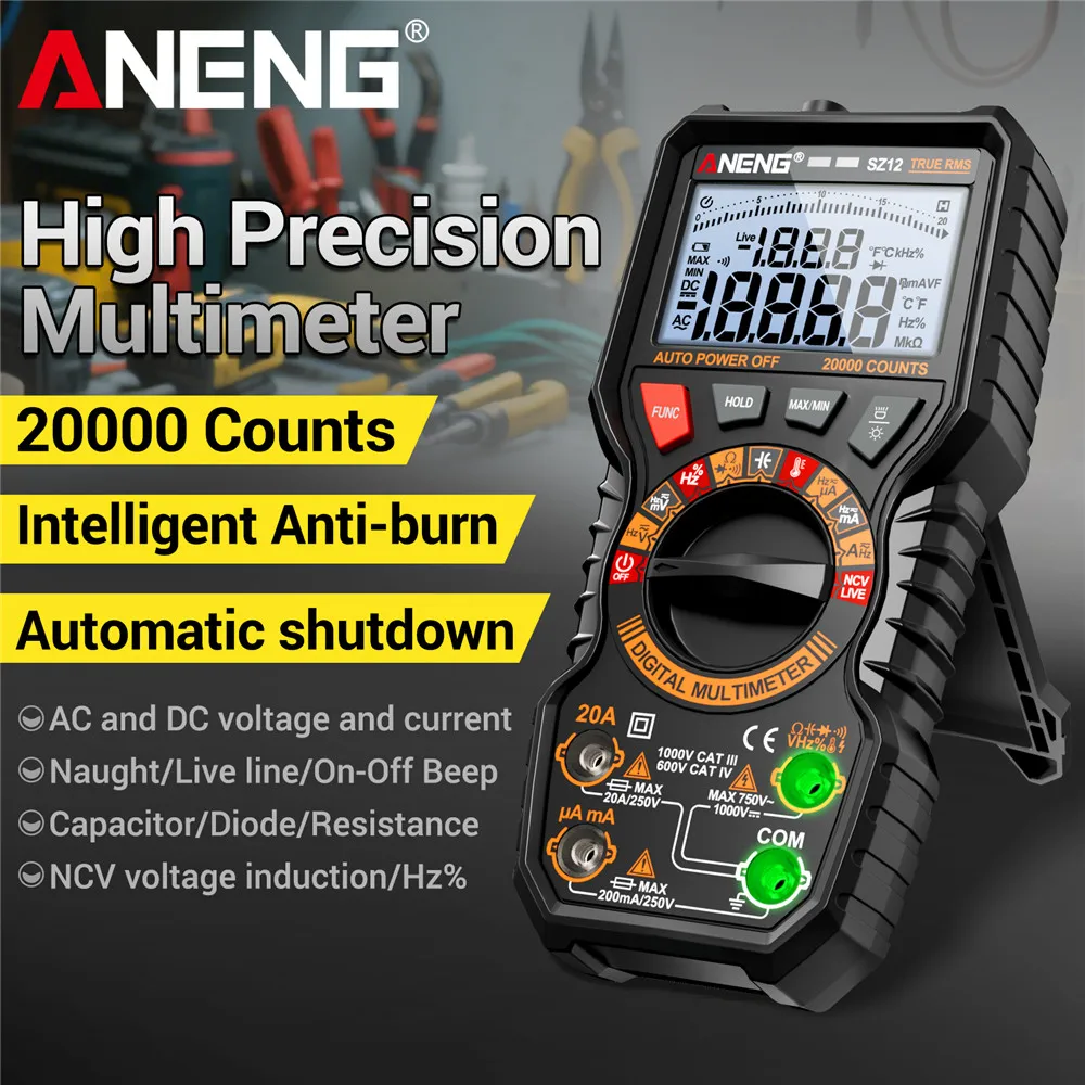 Digitales Multimeter 1000V Strom-/Spannungsmessung ANENG SZ12 20000 Zählungen 99% Einschaltdauer 100MOhm 20A Messgerät 10MHz Induktionsprüfung