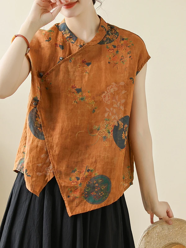 Retro chiński top damski z nadrukiem, wykonany z bawełny i lnu, idealny na lato, o regularnym kroju, ze stójką, zapinany na guziki, o luźnym kroju.