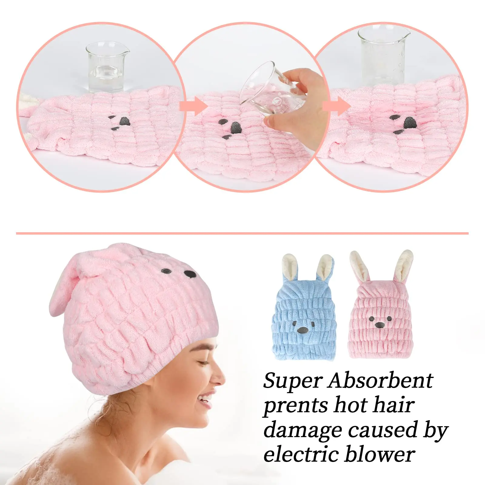 

2 Pieces Dry Hair Hat Hair Drying Towels for Women Microfiber Dry Hair Cap with Cute Rabbit Ears Quick Drying Bath Cap Cartoon H