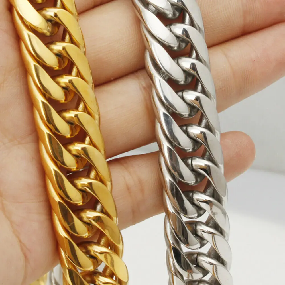 

Granny Chic Hip Hop Jewelry Gold Tone 316L Stainless Steel Curb Cuban Link Chain Necklace for Men Women 16mm/20mm 7-40inch