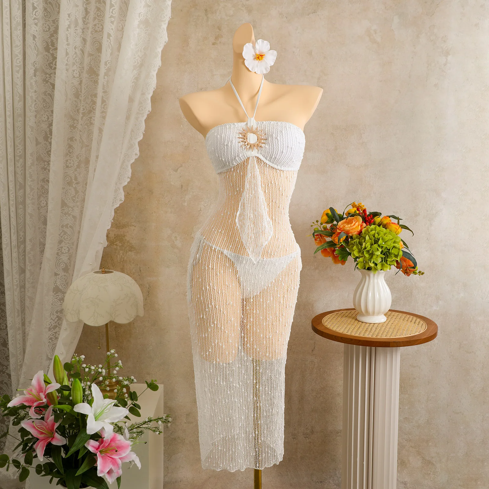 

Solid White Holiday Mesh Long Dress Swimwear Sexy Bikinis Sets Micro Thong Swimsuit Woman 2026 Metal Sun Sequin Bikini Beachwear
