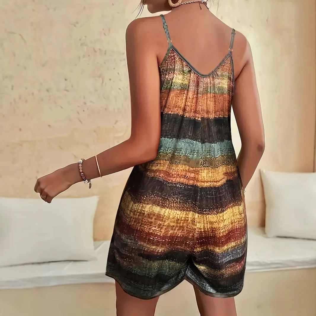 Women's Summer Fashion New Retro Color-Contrast Retro Literary Print Casual Simple Sleeveless Loose Wide-Leg Jumpsuit