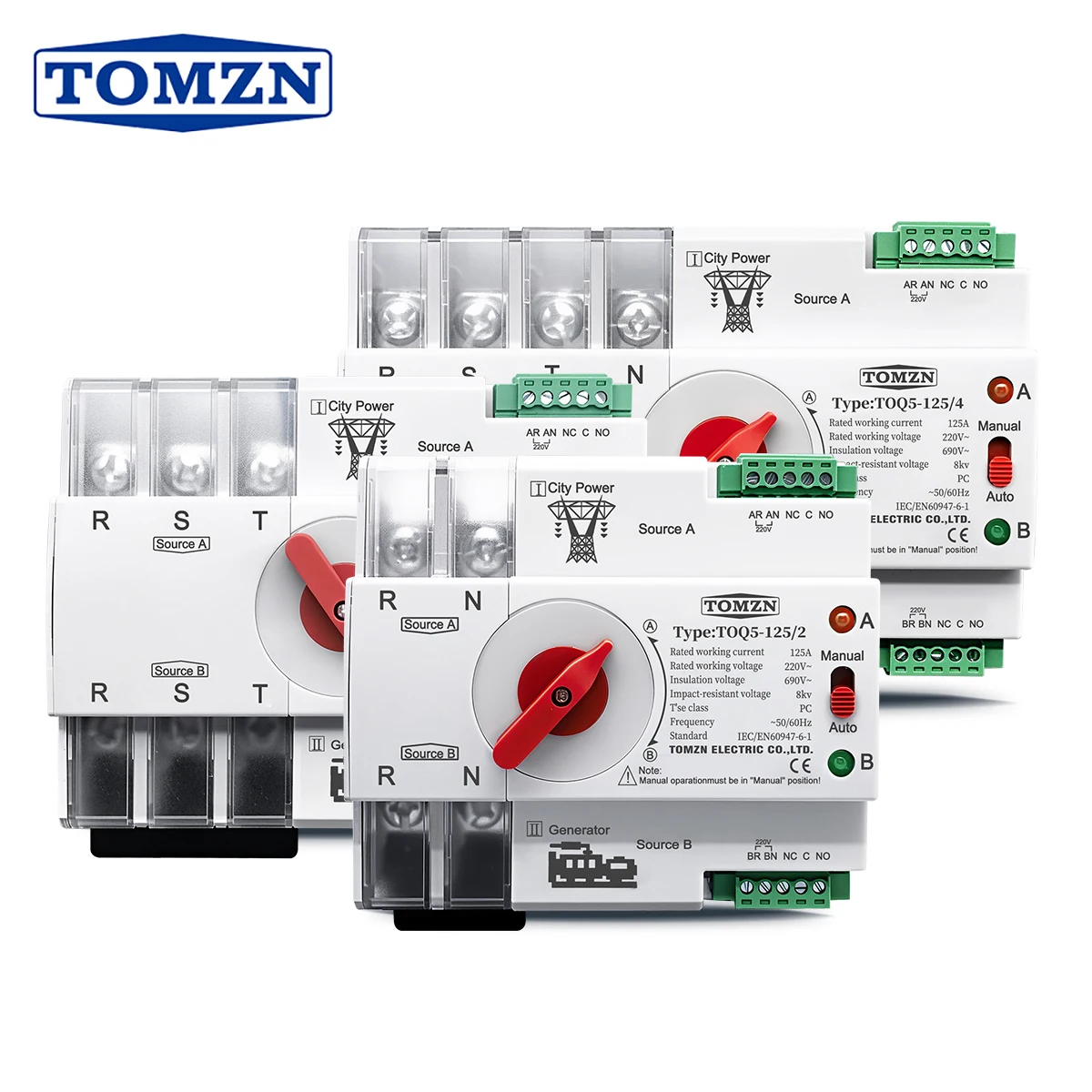 TOMZN Szyna DIN 2P 3P 4P ATS Automatyczny Przełącznik Zasilania Podwójnego Źródła Przełączniki Elektryczne do Przełączania Zasilania Bezprzerwowe Zasilanie 63A 100A 125A