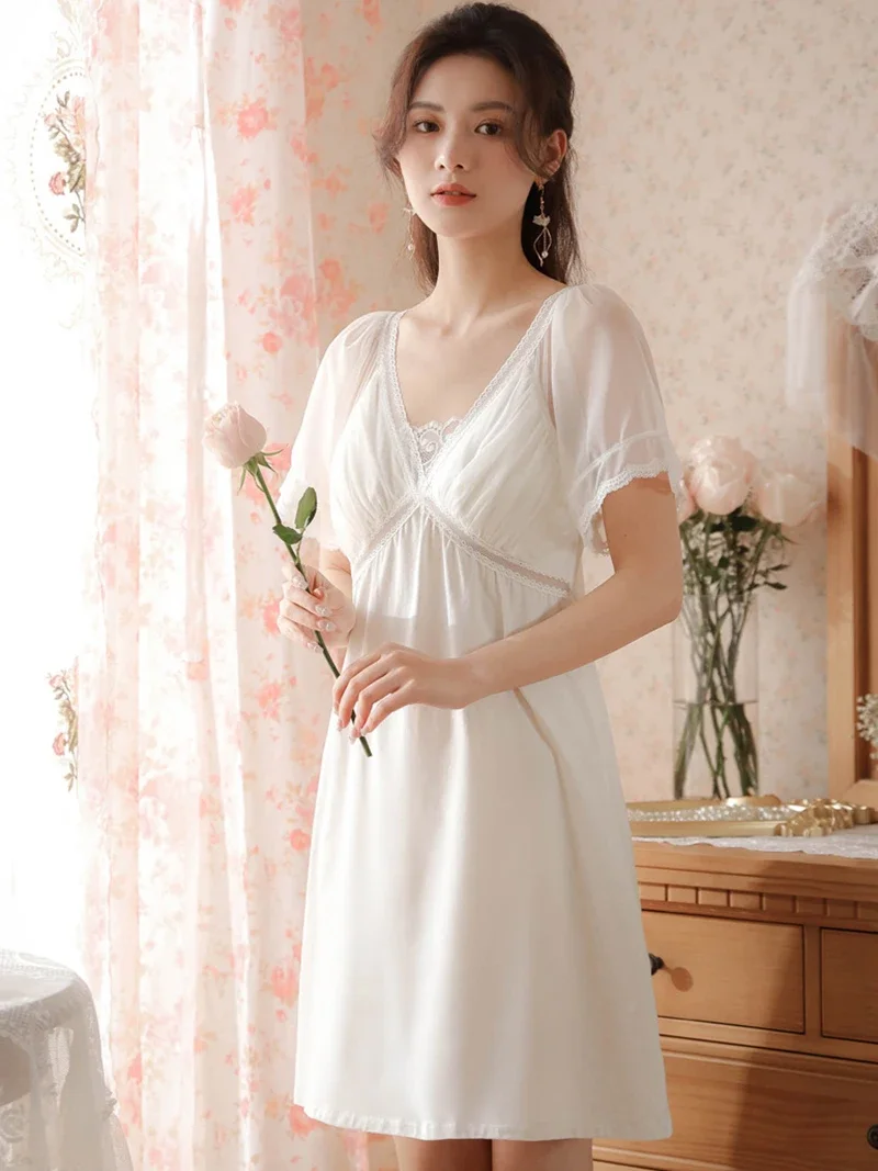 Women Short Sleeve Summer Victorian Nightdress Cotton Padded Dress Vintage Princess Lace Mesh V-Neck Fairy Nightgowns Pajama