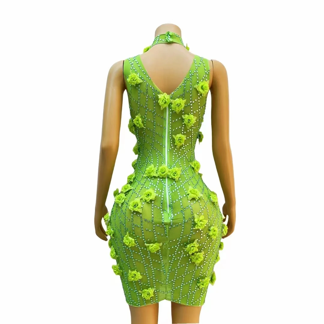 Sexy Luxury Evening Celebrate Catwalk Flower Dress Women Celebrity Birthday Green Rhinestone Floral Short Dresses Singer Costume