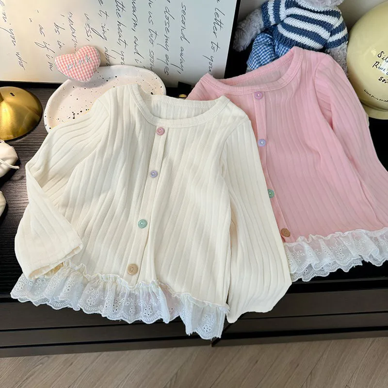 

Kids Girls' T-shirt Sweet Lace Splicing Color Button Loose Pullover Autumn New Children's Long Sleeve Top 0-8Years Old