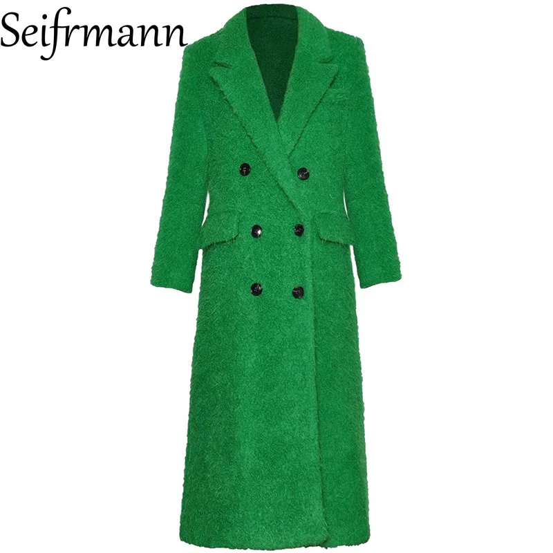 

Seifrmann 2026, весеннее женское новое модное двубортное однотонное свободное толстое пальто с воротником и длинными рукавами