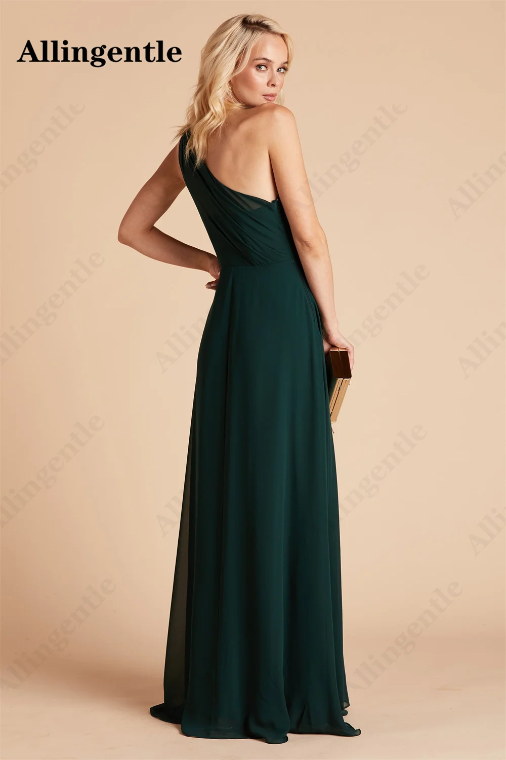 Allingentle Chiffon One Shoulder Bridesmaid Dress for Women Ruched Sleeveless A-Line Side Slit Formal Party Gowns with Pocket