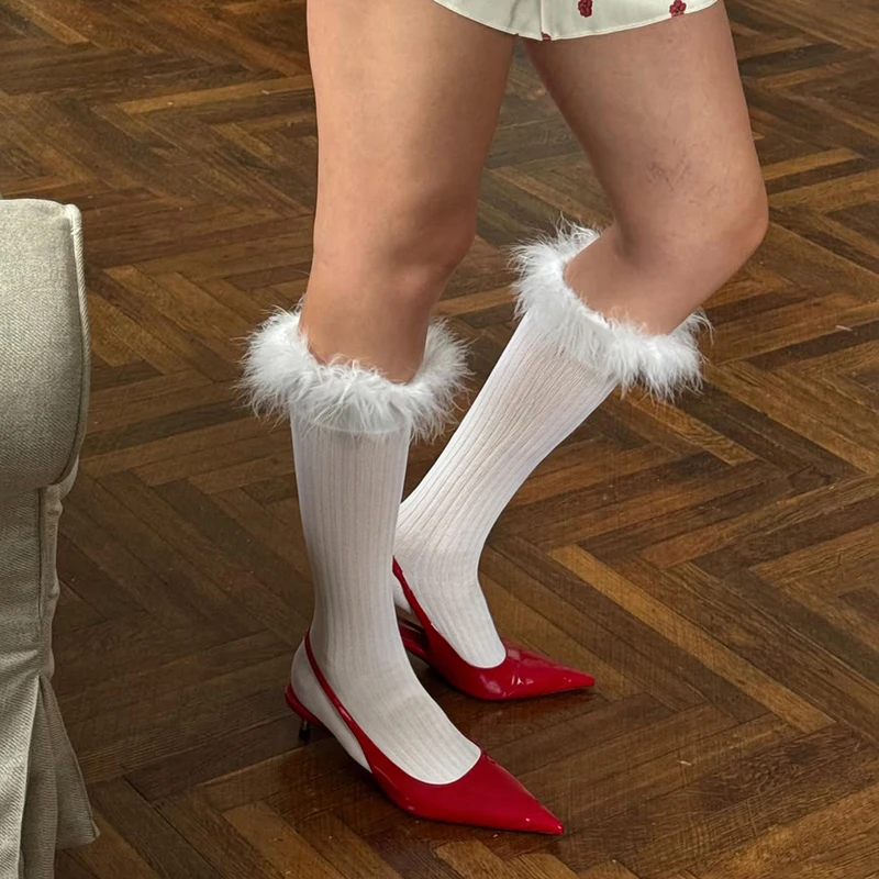 Gerippte Feder-Lange Socken Damen Kniehohe Socken Prinzessinnen-Bobby-Socken mit Feder für Mädchen Strümpfe 2026 Sommer