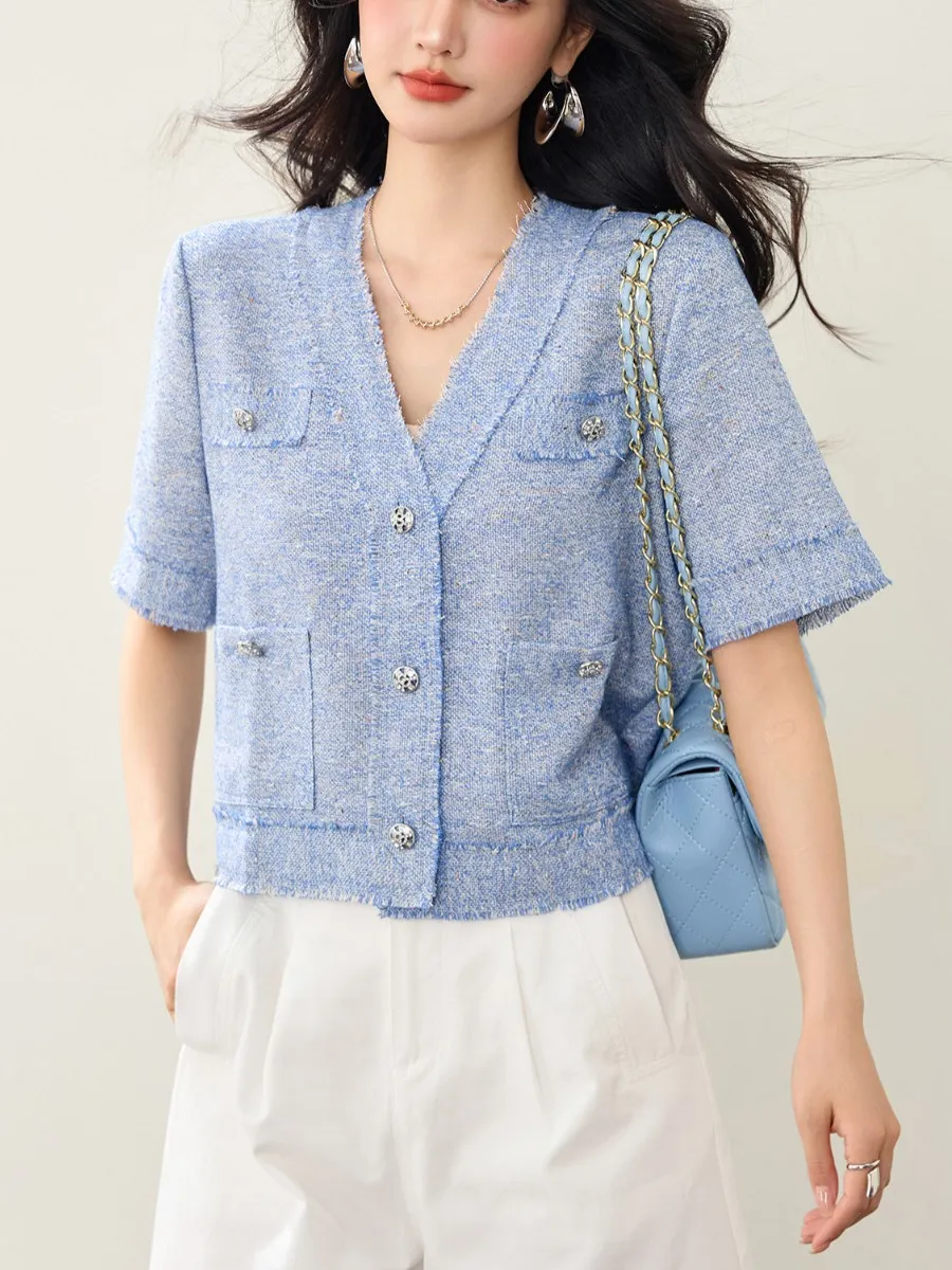 

Женский синий трикотажный пуловер с V-образным вырезом, летний дизайн, элегантный свободный крой для повседневной носки