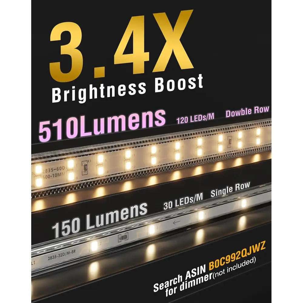 حبل إضاءة LED قابل للتوصيل مقاوم للماء 120 فولت، صف مزدوج، 65 قدم، أبيض دافئ، 7 × 17 مم للإضاءة المميزة #2