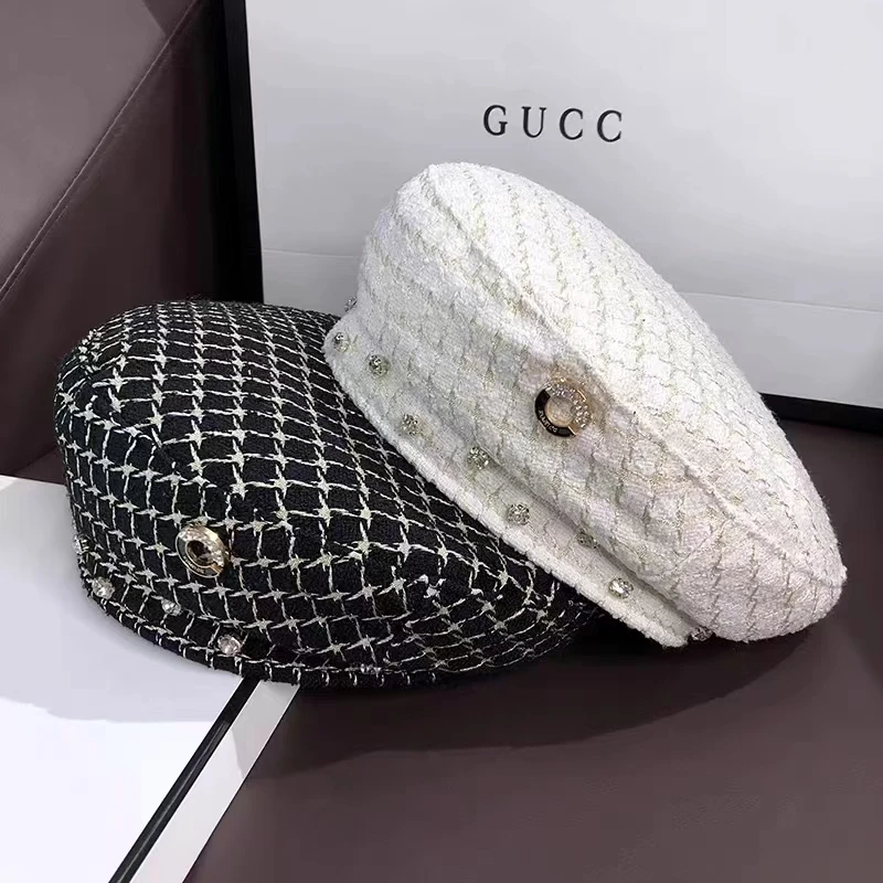 The New Autumn And Winter Lattice Beret Is Fashionable And Versatile For Women Casual Street Painter Hat Flat Top Octagonal Hat