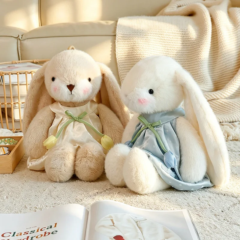 

Cute Tulip Dress Bunny Plush Toy 2 Colors Soft Fluffy Rabbit Stuffed Animal with Satin Dress for Bunny Lovers and gifts.