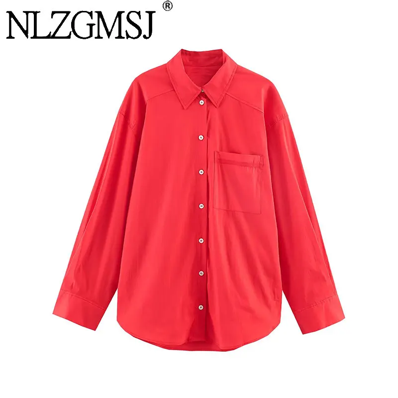NLZGMSJ 2026 Frühling Schickes Einfarbiges Rotes Oversize Damenhemd Mode Langarm Lässige Bluse Streetwear