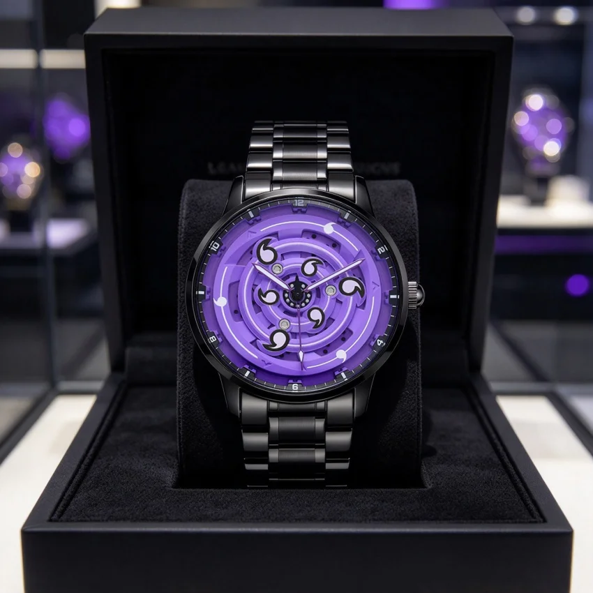 Men's Anime Rinnegan Rotating Dial Quartz Watch Black Purple Dial Fashion Waterproof Sports Wristwatch For Male Fans Gift