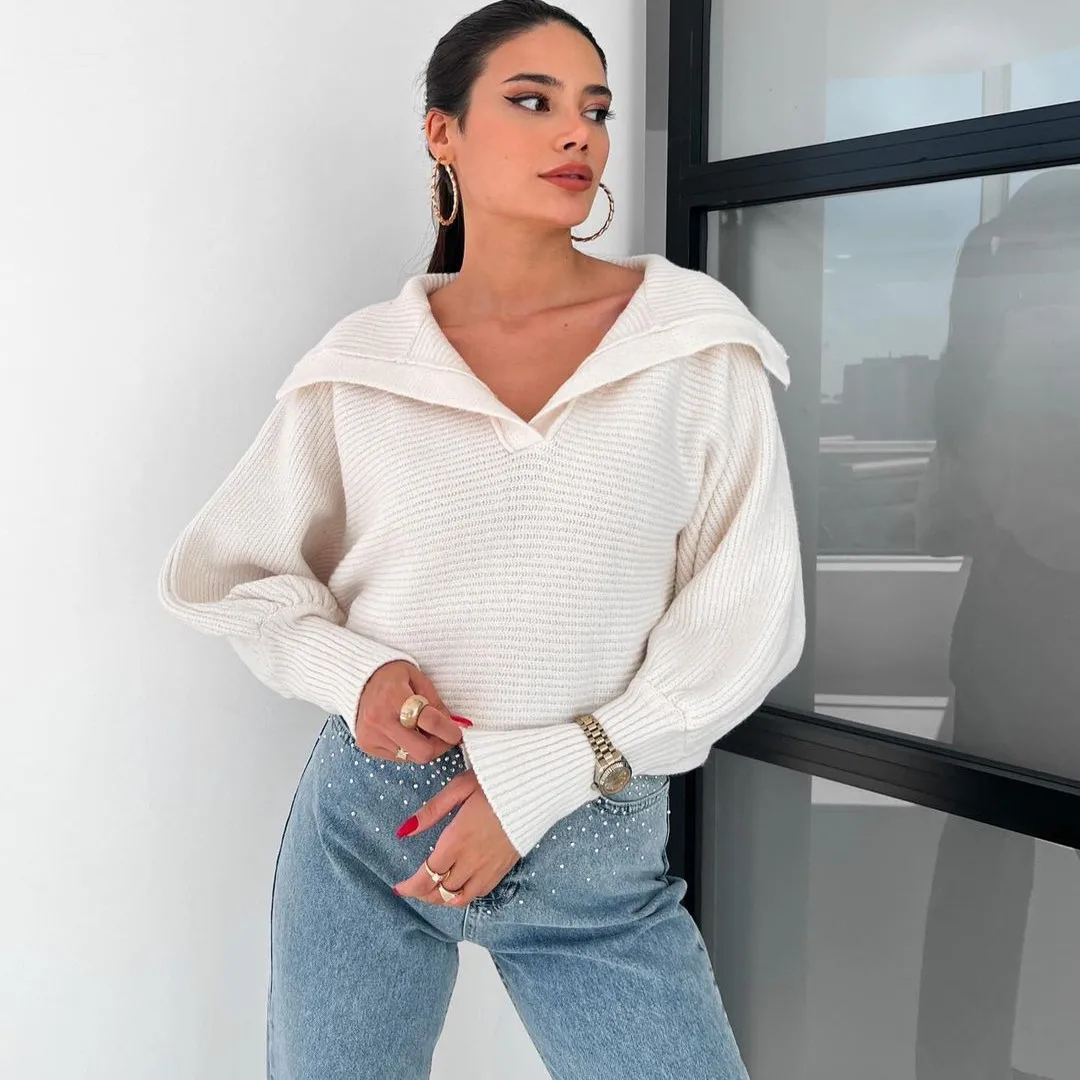 Faionable واسعة طوق محبوك سترة المرأة البلوز الأعلى الدافئة الحرارية طويلة Sve V-Ne الوقوف طول الخريف الشتاء #2