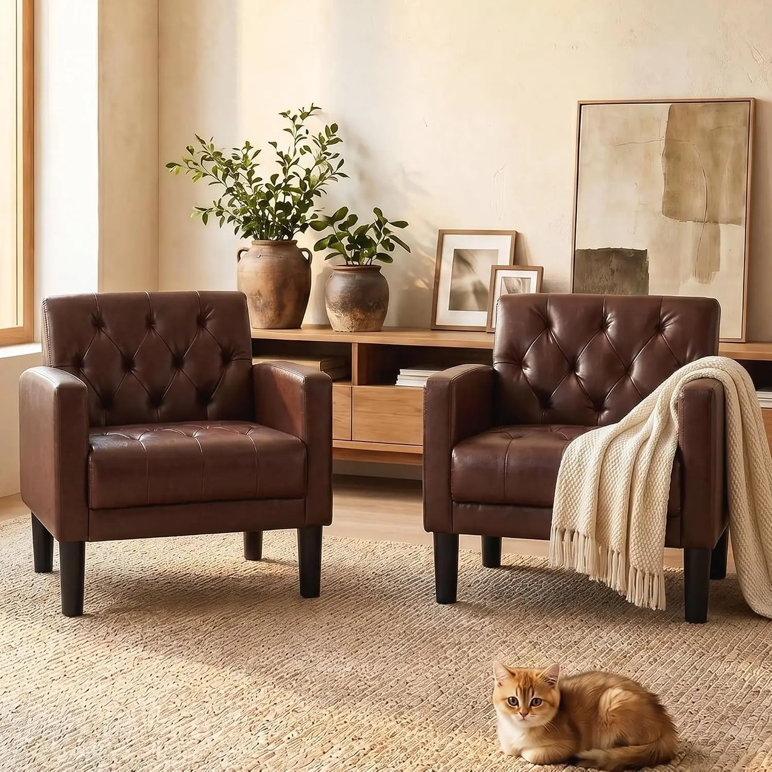 Leather Tufted Armchair Set of 2 for Living Room Mid-Century Modern, Customized