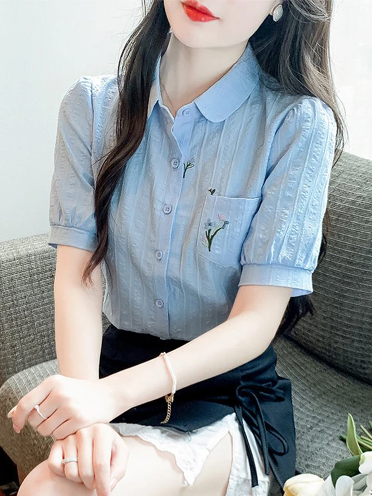 

Embroidered Pure Cotton ort Sve irt Thin Material Doll Collar Women's Summer New Sle Single Button Faionable Top