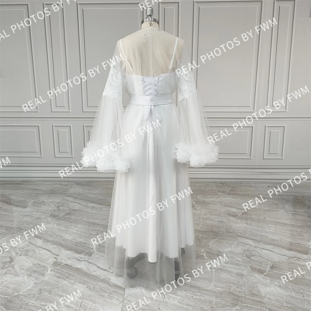 Real Photos Elegant Ruffles Sleeves With Sequined Appliques Bride Robe For Wedding Bridal Shower Dress Women Night Gwons 2024