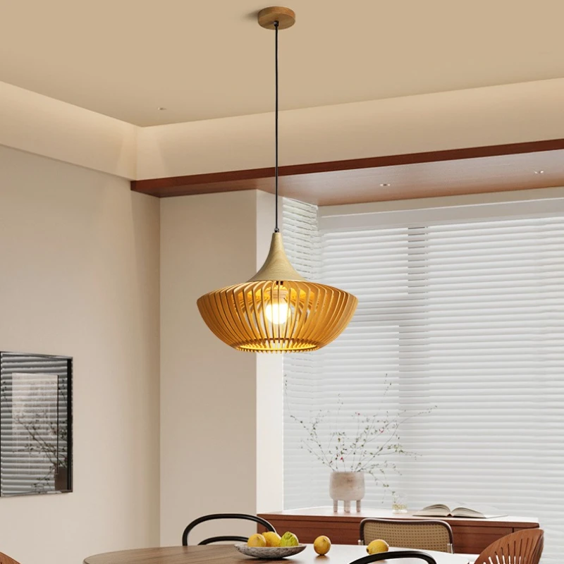 Retro Wooden Hollow Out Ceiling Pendant Lamp Restaurant Kitchen Living Room Study Reading Atmoshere Wabi Sabi LED Light Fixtures