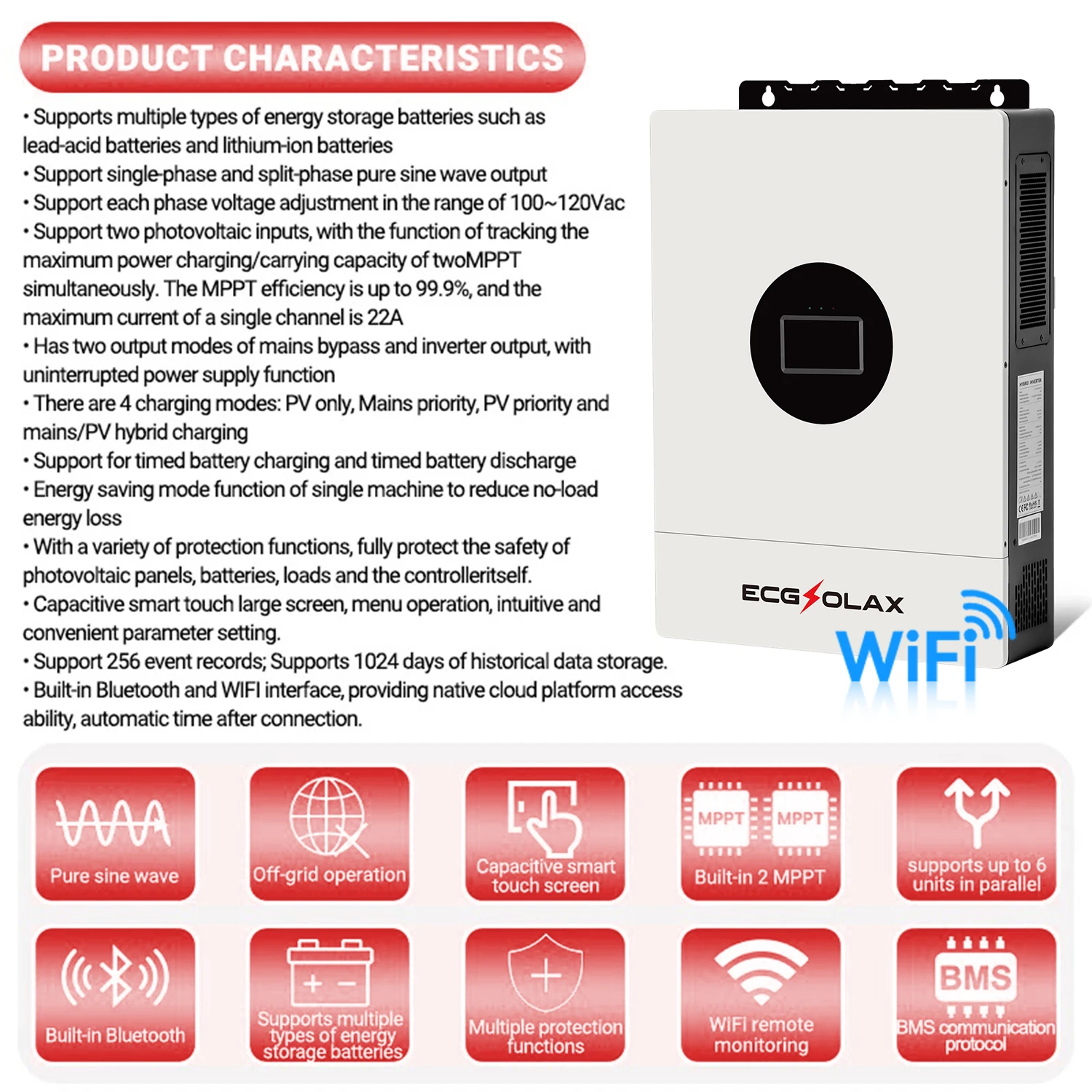 ECGSOLAX 12KW Hybrid Solar Inverter 48V 110V/240V Split Phase Pure Sine Wave Inverter With MPPT 200A Charging controller PV 500V