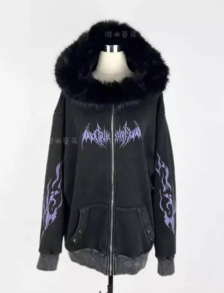 

Original Harajuku Fur Collar Hooded Fleece Coat Women and Men Fashion Gothic Washed Dark Y2k Autumn Winter Thickened Warm Jacket