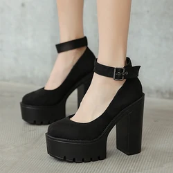 Super High Heels 13cm Black Flock/PU Leather Pumps Women Spring Autumn Fashion Platform Belt Buckle Thick Heel Lady Office Shoes