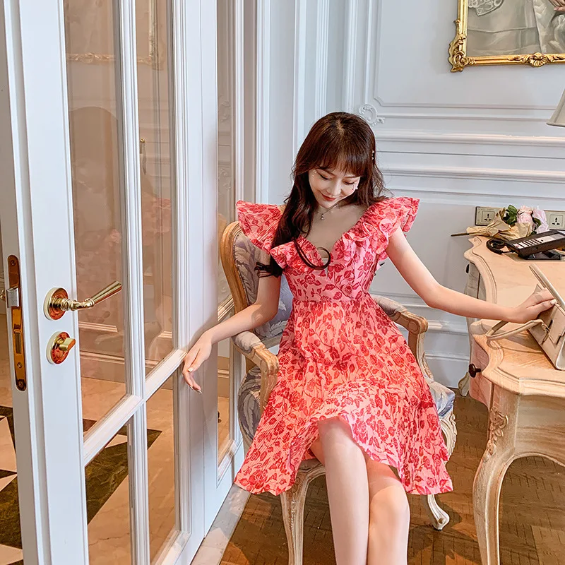 新しいフランス風セクシーでロマンチックなバラ柄の小花プリーツプリンセスドレス、ハイウエストで細見えのAラインドレス