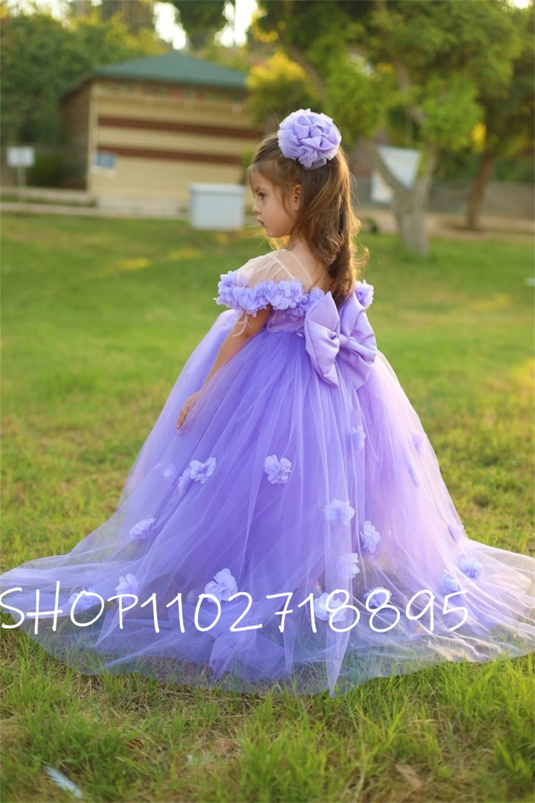 

Lilac Flower Girl Dress 3D Tulle Flowers First Birthday Dress Toddler With Big Bow Kids Princess Pageant Party Dress Customized