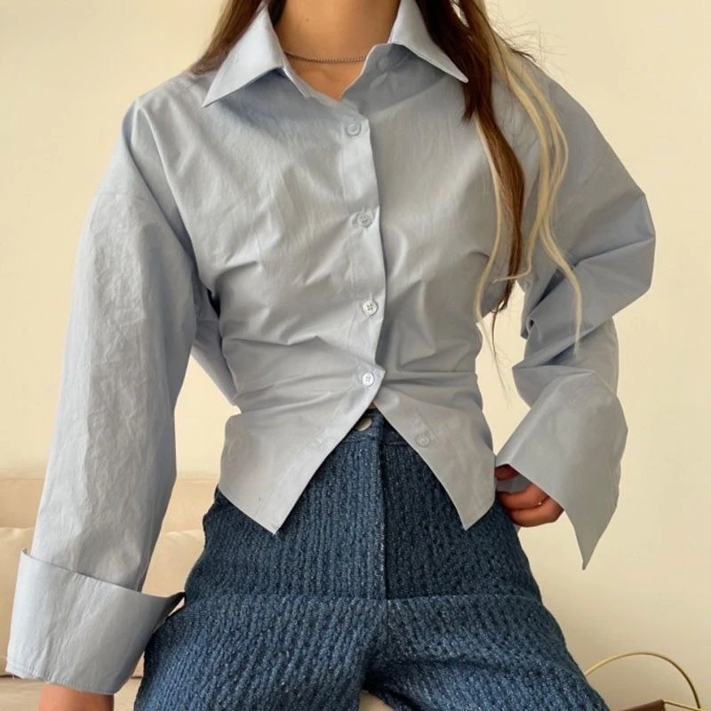 Chic Chiffon Shirts Women Criss-cross Drawstring Backless Trendy Design Turn-down Collar Single Breasted Ladies Solid Crop Tops