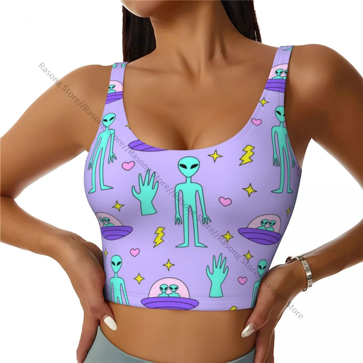 Yoga Vest Women Gym Sports Crop Tops Cute Aliens And UFO Ships Stars Hearts Streetwear Workout Breathable Tank Top Female