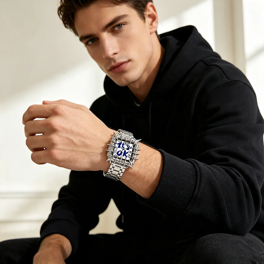 Luxury Men's Quartz Wrist Watch with Polished Silver Metal Bracelet Octagonal Case And Embossed Dial for Business Casual Use