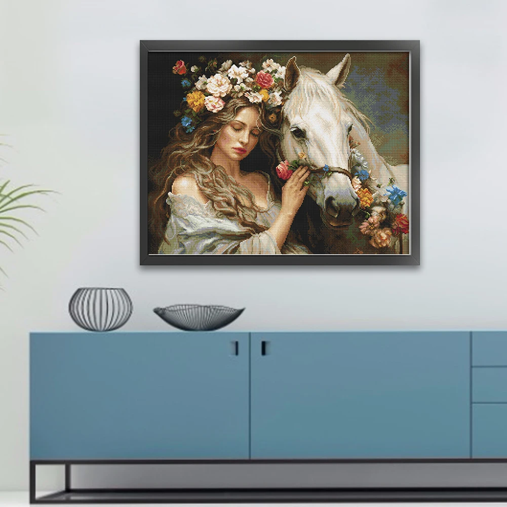

Full Embroidery cotton Thread 11CT Printed Girl Horse Cross Stitch 74x61cm