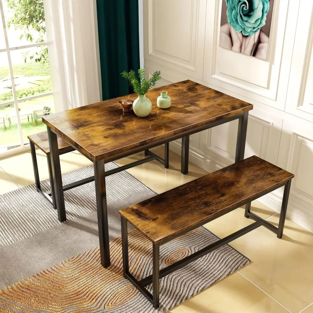 Dining Room Table Set, Kitchen Table Set with 2 Benches, Ideal for Home, Kitchen and Dining Room, Breakfast Table