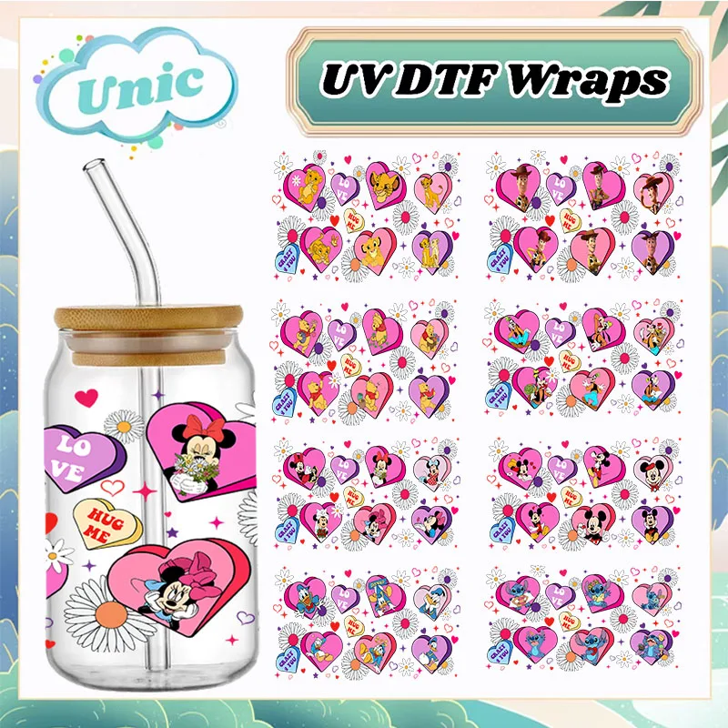 Valentine's Day Stickers UV DTF Cup Wrap Disney Mickey Minnie Princess For 16oz Libbey Glass Can DIY Transfer Sticker Waterproof