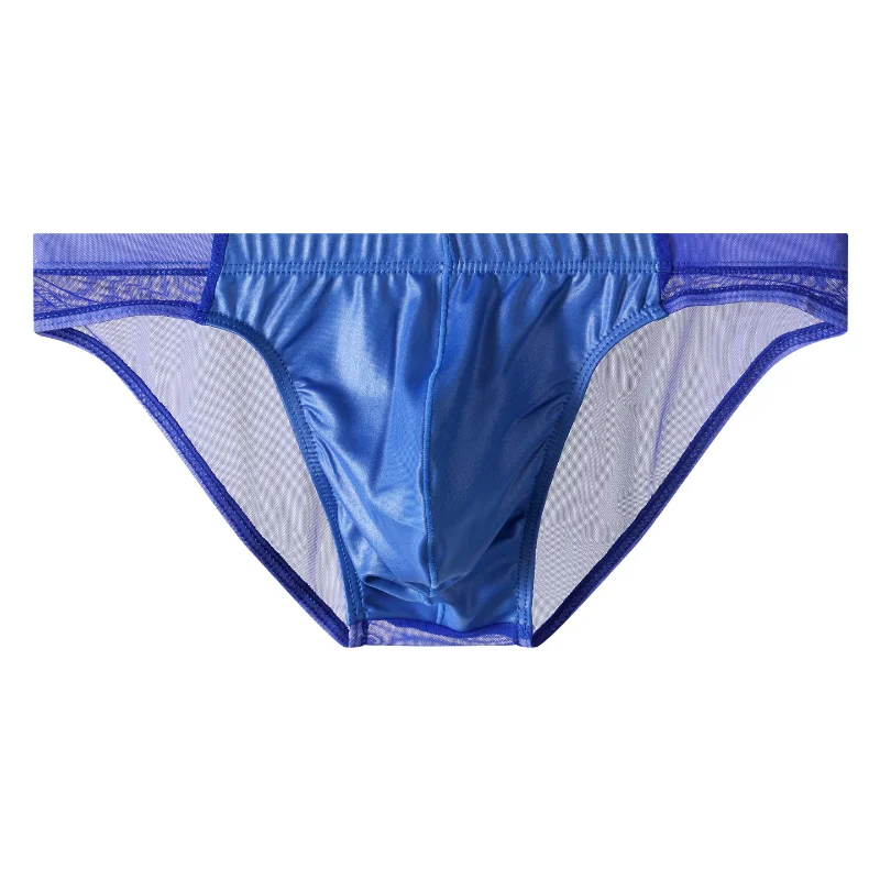 Men's Underwear Mesh Splice Pu Leather Briefs Youth Sexy Low-Rise U Convex Pouch Lingerie Underpants Back Transparent Panties