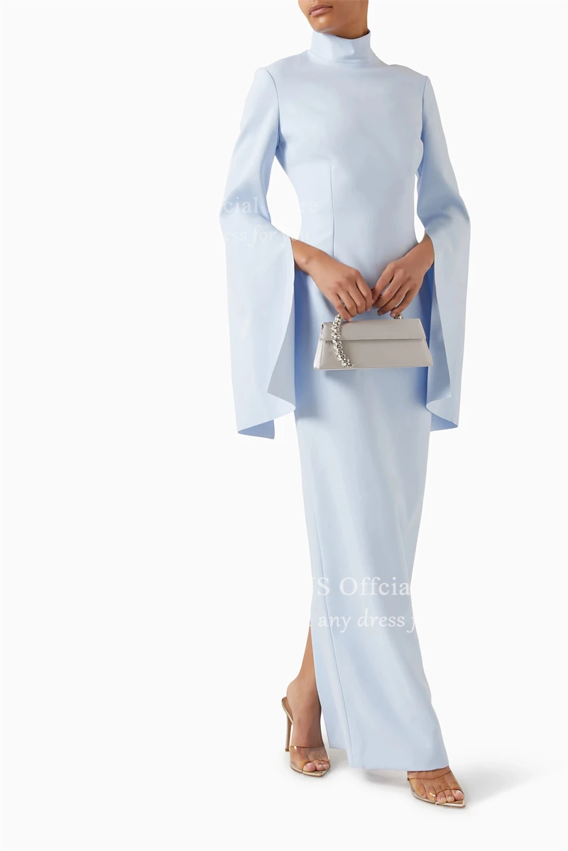 ชุดราตรีสีน้ำเงินแบบสั่งตัดสำหรับแขกงานแต่งงาน แขนยาว คอสูง ทรงยาวแบบเรียบหรู