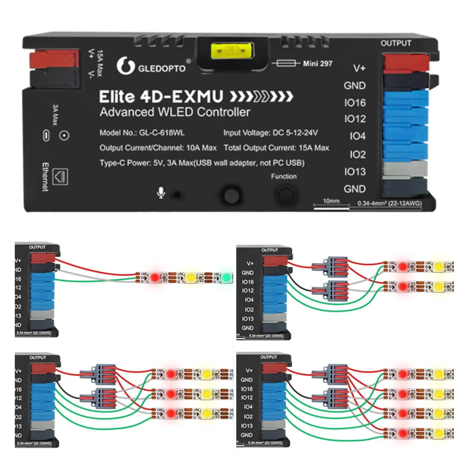 Contrôleur GLEDOPTO WLED ESP32 à 4 sorties avec Ethernet, activation sonore, UART, fusible enfichable 20A, bande lumineuse numérique RGB adressable