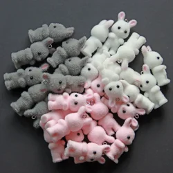 30pcs 3D Cartoon Rabbits Charms Flocking Animal Pendants For Making Bracelet Necklace Keychain Handmade Accessories Supplies