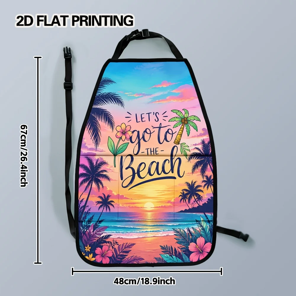 2D Flat, 2pcs Tropical Sunset Paradise Print Versatile Backseat Car Organizer Mats, Back Seat Car Organizer, Foldable Pocket-Sty